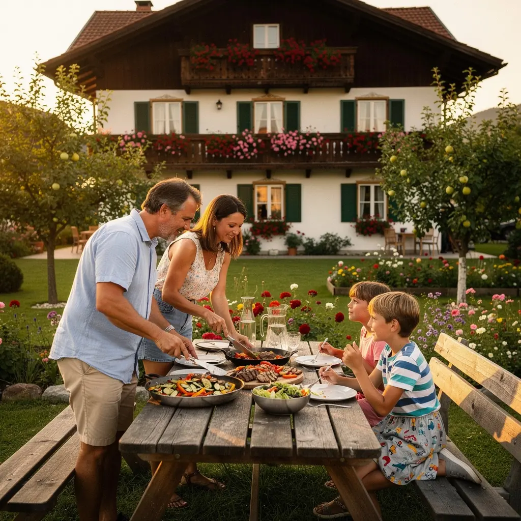 Ein stilvoll gedeckter Tisch mit einem schnellen Abendessen, das typisch österreichische Aromen präsentiert.