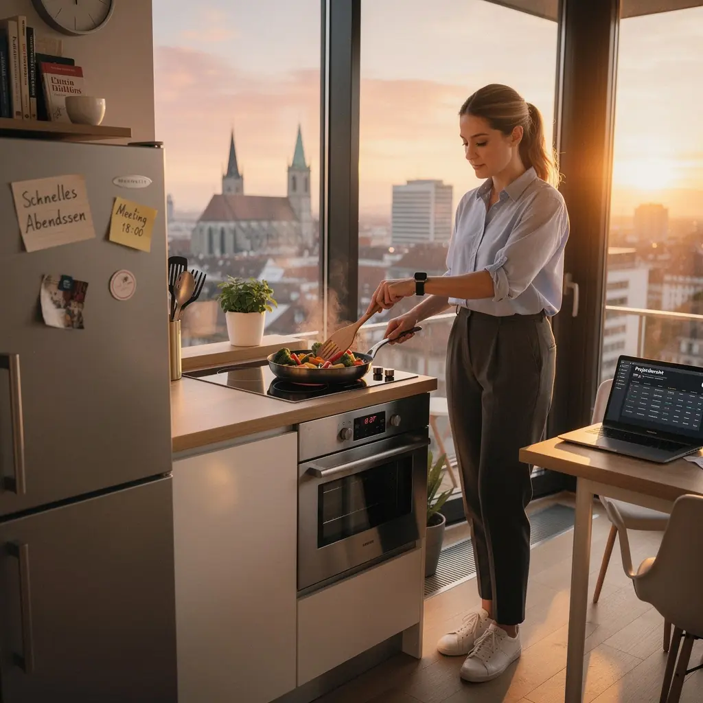 Ein Bild von einem Koch, der mit einem Lächeln eine leckere Suppe in einem Topf rührt, bereit zum Servieren.